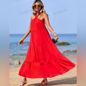 Red criss-cross strap maxi dress